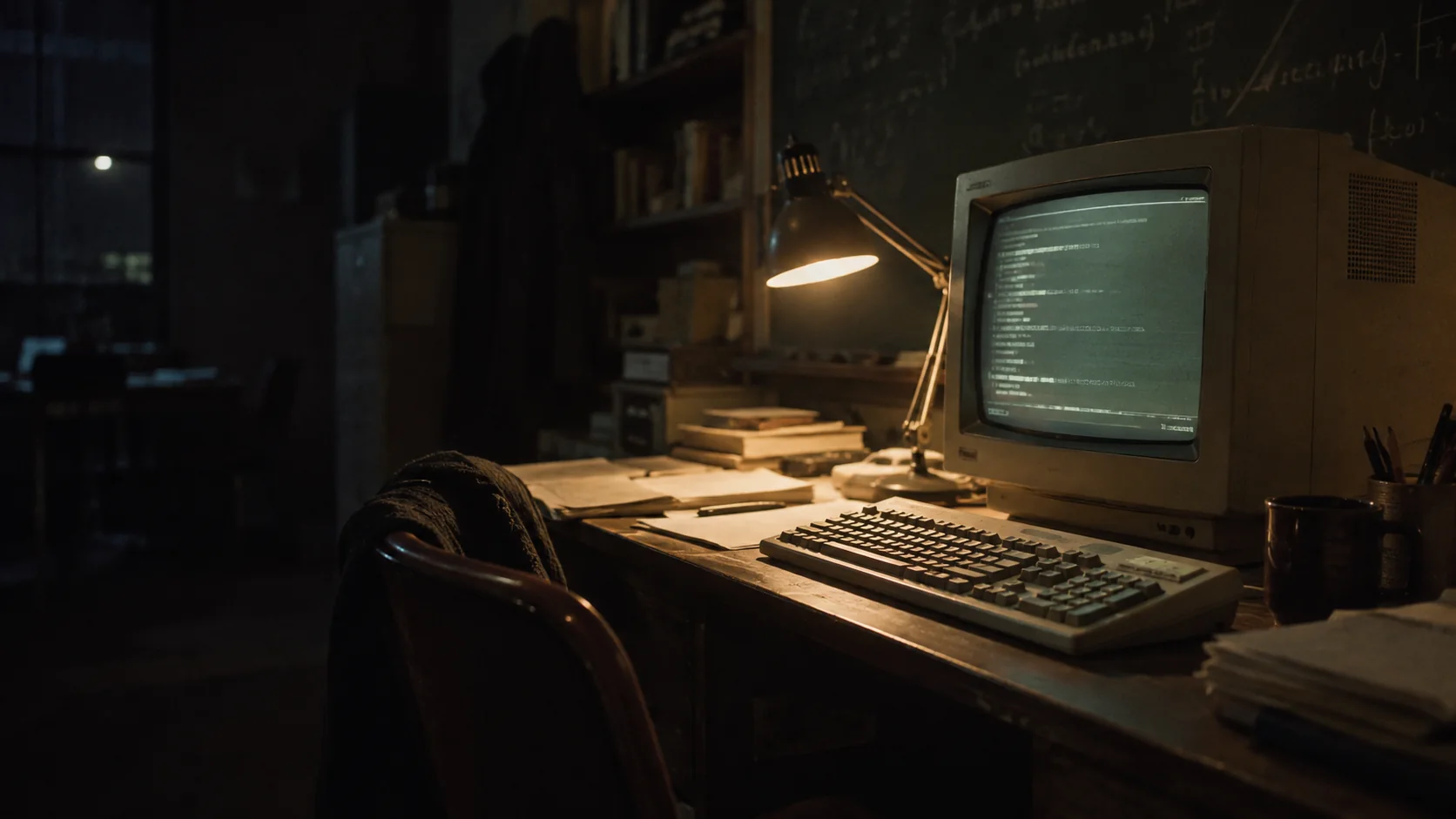 An early personal computer and keyboard on a researcher's desk, lit by a desk lamp.